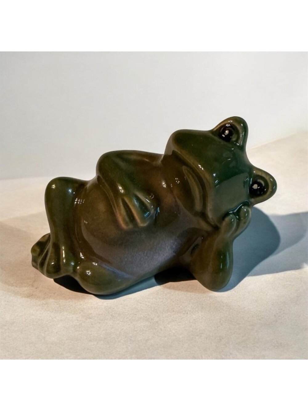 Vintage Ceramic Frog Figurine Decorative Green 4.25" Long 3" High Relaxed Pose